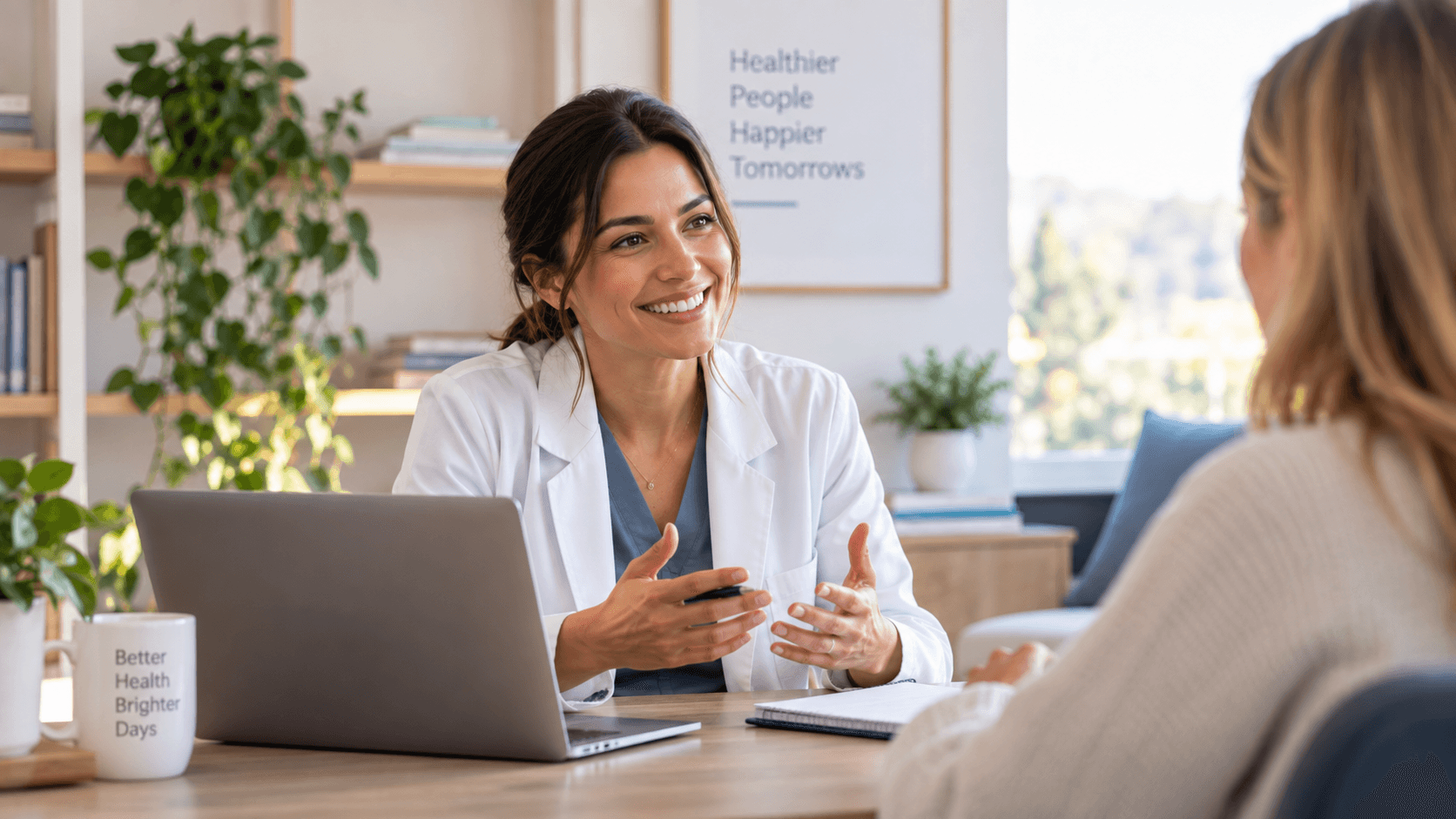 A warm, modern telehealth consultation between a patient and a healthcare provider.