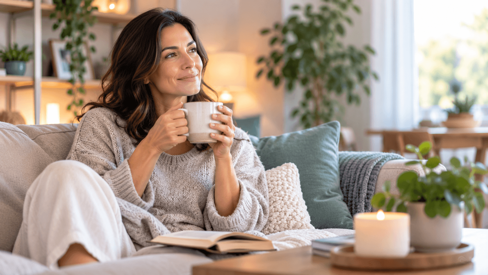 Woman relaxing on her couch at home with a cup of tea, a book, and a candle.