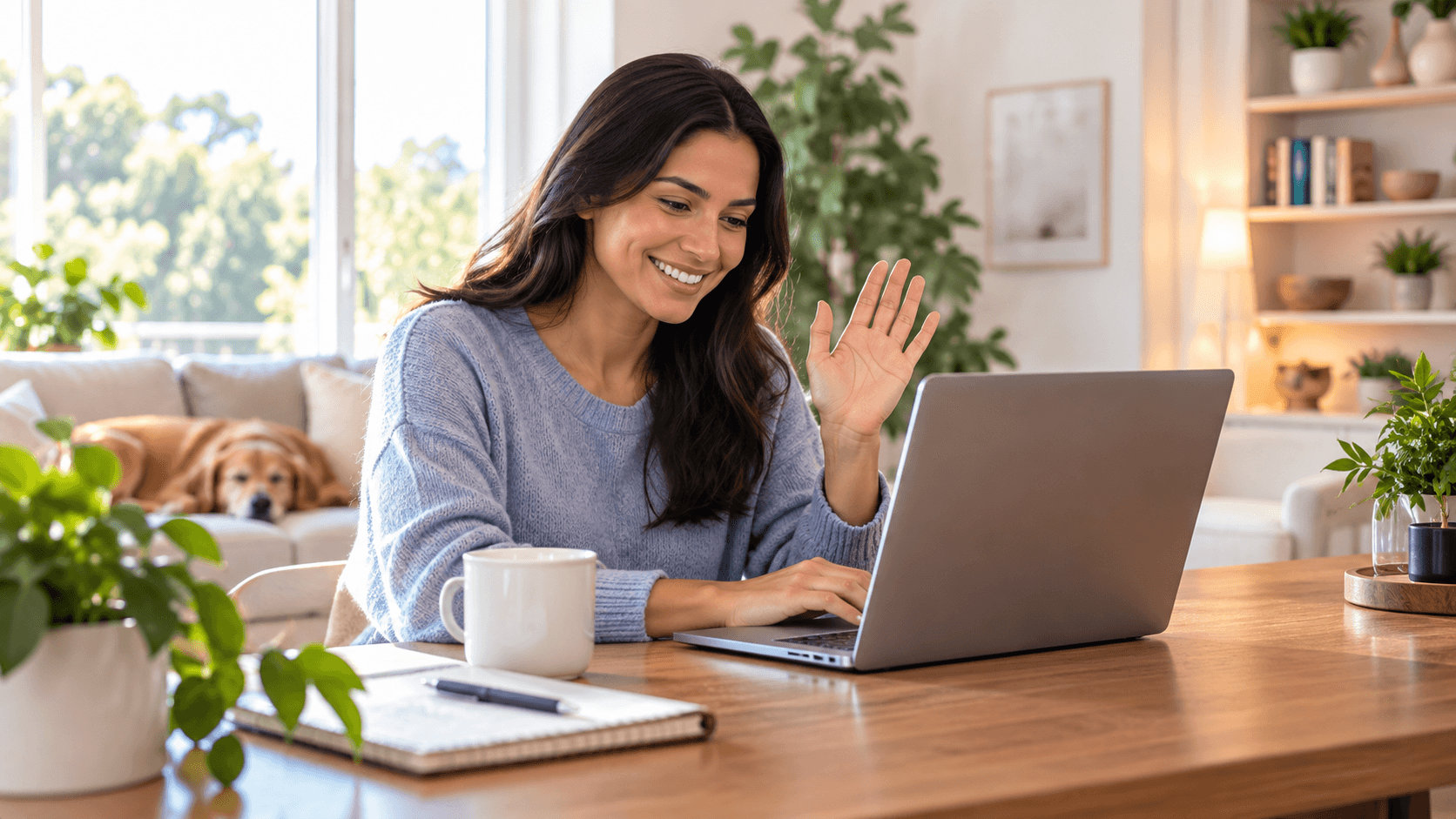 Woman on a video call with her laptop at home, smiling and waving.